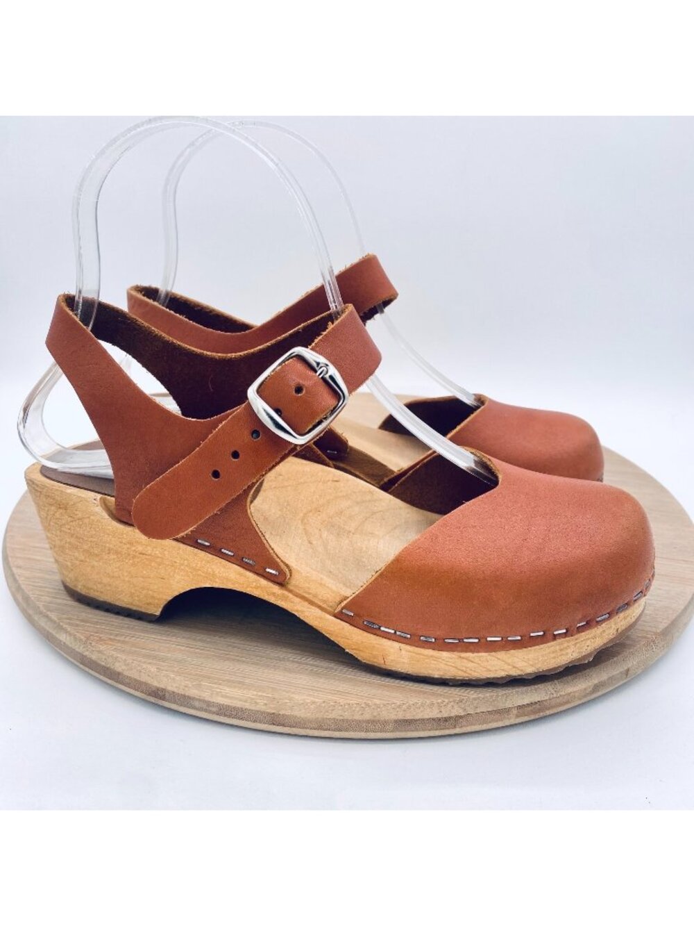 Swedish Wooden Clogs Shoes Womens 6 36 Brown Leather Slingback Cottage